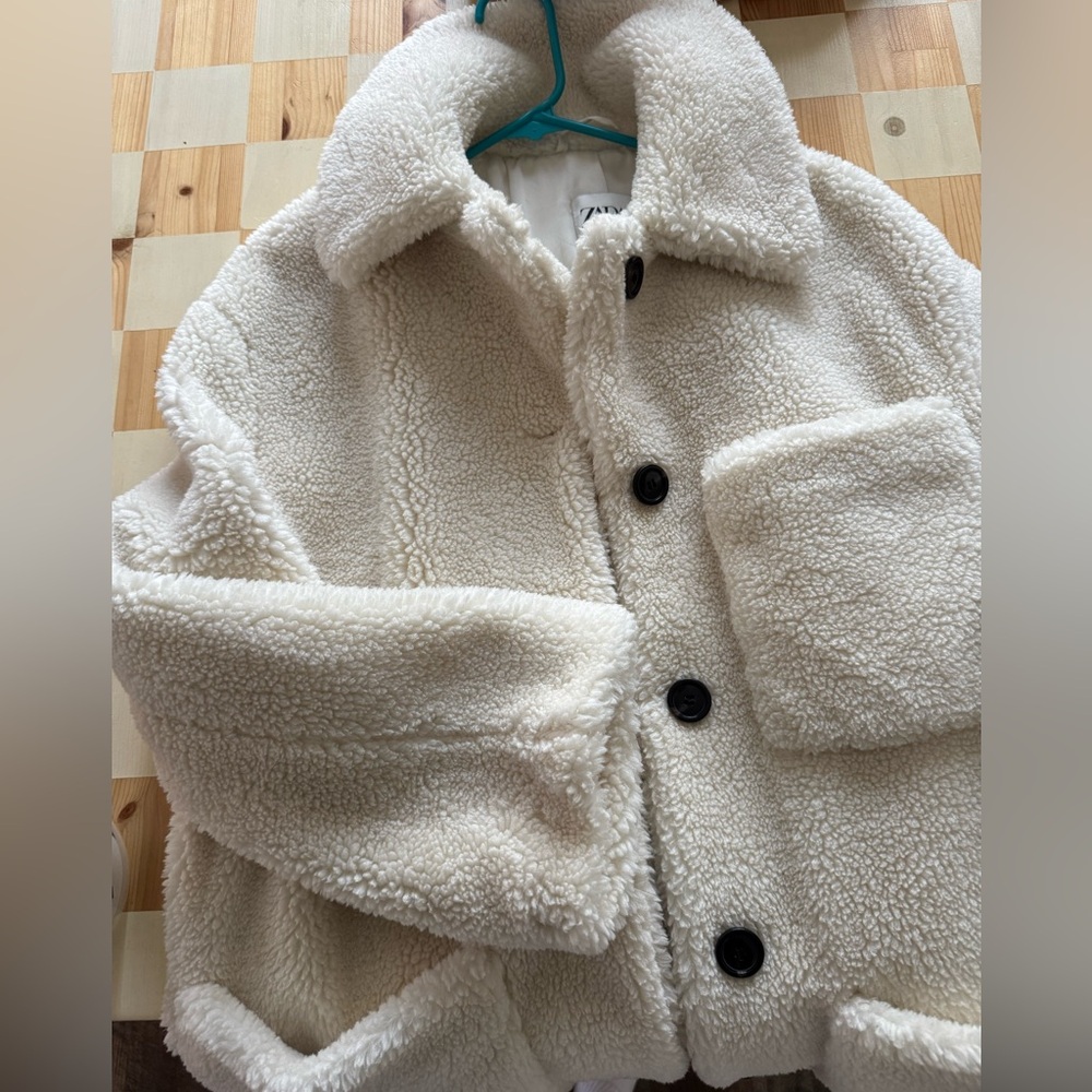 Zara Cream Teddy Jacket with Button Closure